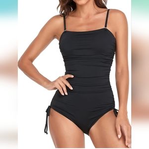 Women One Piece Tummy Control Ruched Bandeau Bathing Suit Padded Push Up